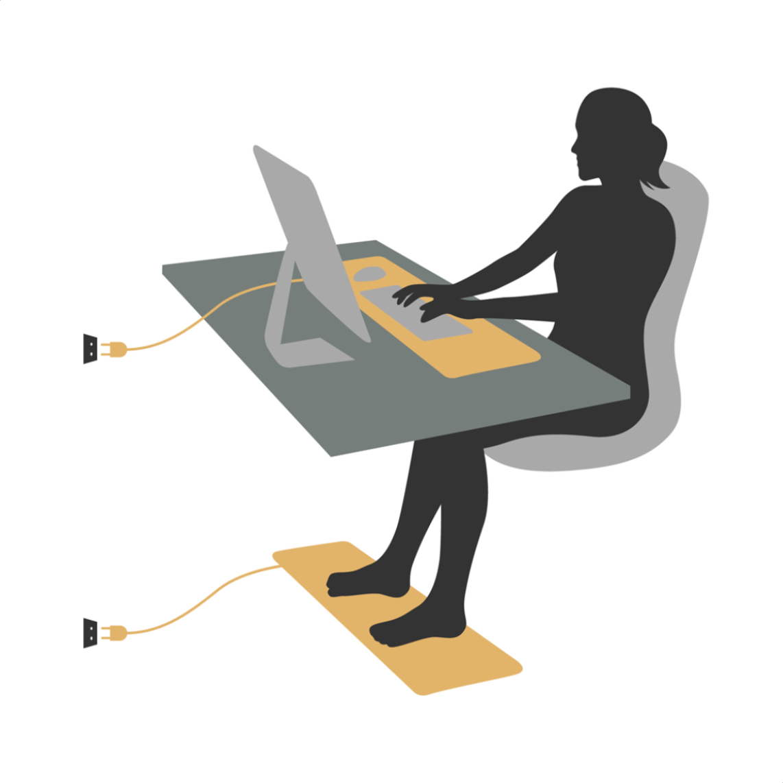 Illustration av en person vid ett skrivbord med en jordad matta under händerna och en annan under fötterna