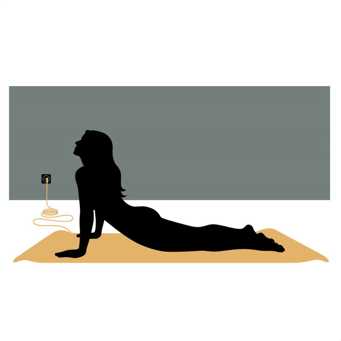 Illustration av en person som tränar på en jordad yogamatta, med kabeln till uttaget