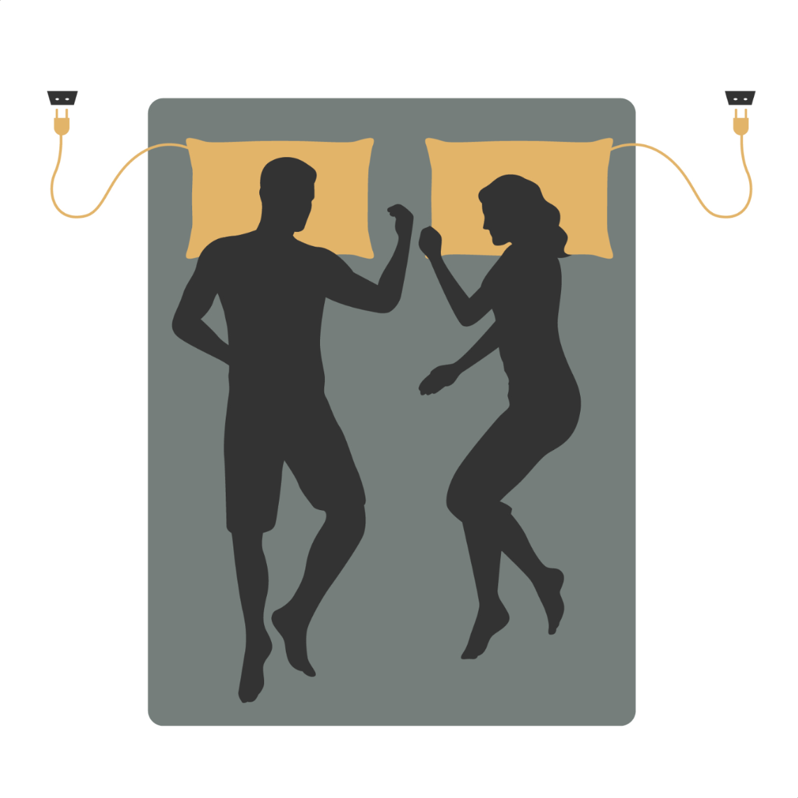 Illustration av två personer i sängen, var och en med ett jordat örngott anslutet till uttaget