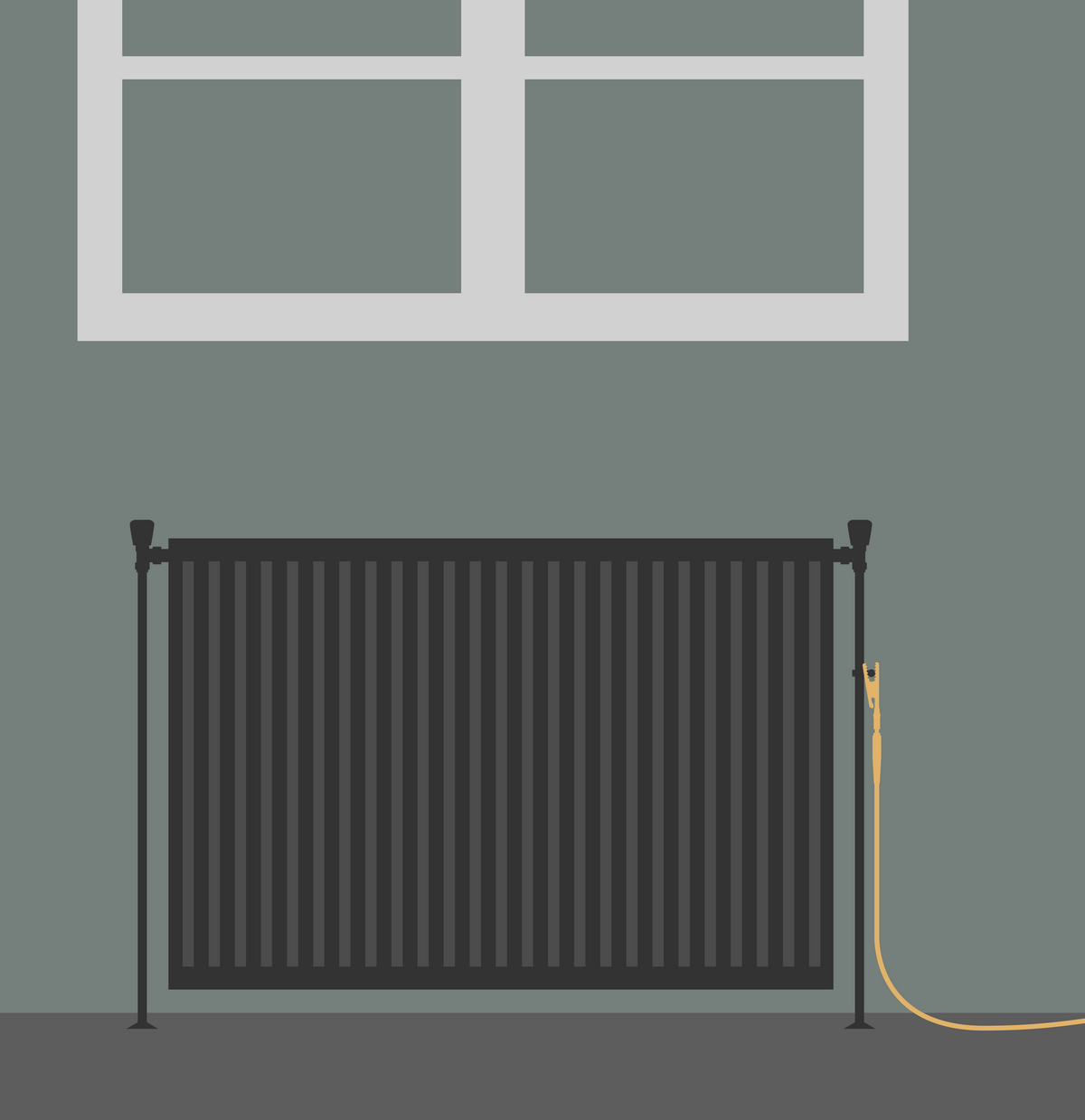 Illustration av en radiator med jordningsklämman på och kabeln in i rummet