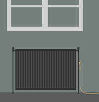 Illustration av en radiator med jordningsklämman på och kabeln in i rummet